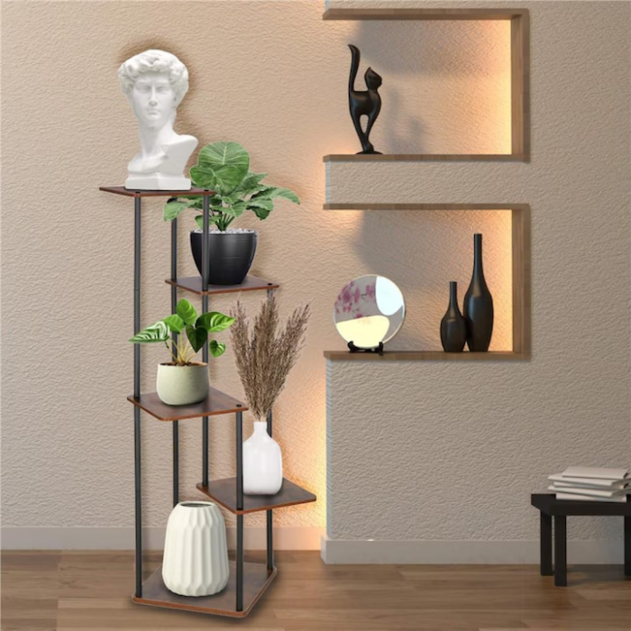 Suport vertical pentru flori si plante VarioShop®, 5 niveluri stil loft industrial, cadru metalic negru cu rafturi MDF culoare lemn, stabil si rezistent, capacitate 75 kg, pentru interior sau balcon [4]