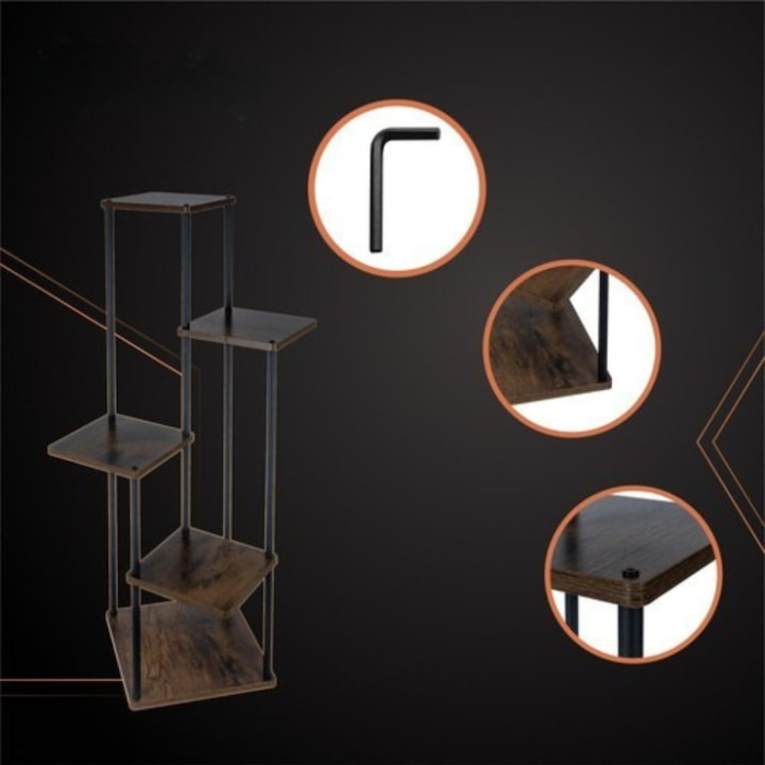 Suport vertical pentru flori si plante VarioShop®, 5 niveluri stil loft industrial, cadru metalic negru cu rafturi MDF culoare lemn, stabil si rezistent, capacitate 75 kg, pentru interior sau balcon [7]