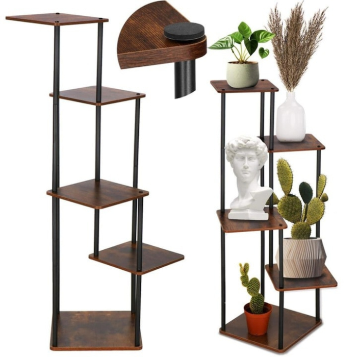 Suport vertical pentru flori si plante VarioShop®, 5 niveluri stil loft industrial, cadru metalic negru cu rafturi MDF culoare lemn, stabil si rezistent, capacitate 75 kg, pentru interior sau balcon [11]