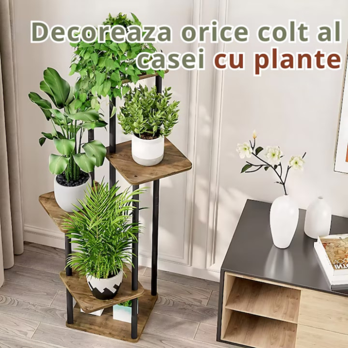 Suport vertical pentru flori si plante VarioShop®, 5 niveluri stil loft industrial, cadru metalic negru cu rafturi MDF culoare lemn, stabil si rezistent, capacitate 75 kg, pentru interior sau balcon [3]