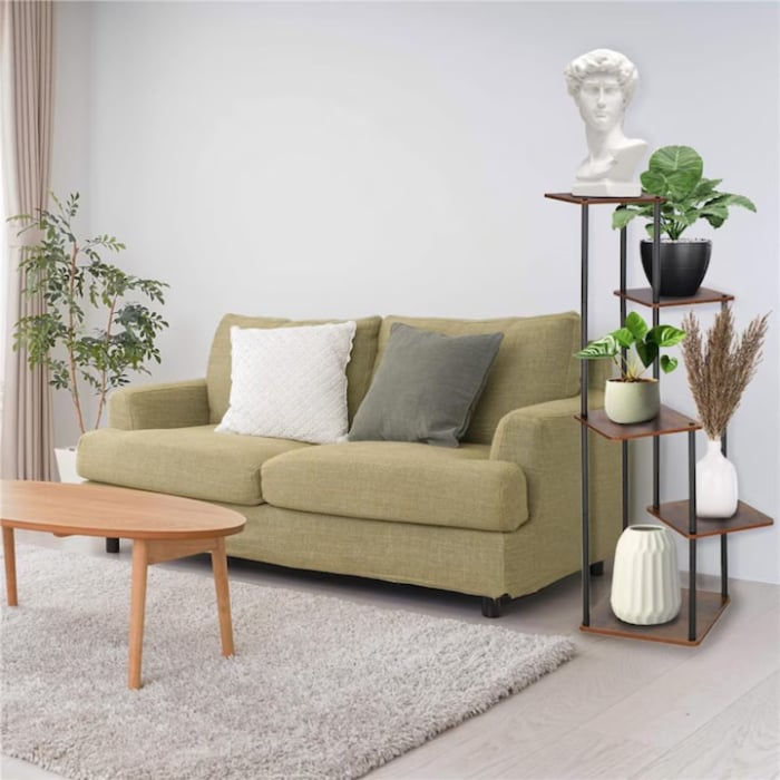 Suport vertical pentru flori si plante VarioShop®, 5 niveluri stil loft industrial, cadru metalic negru cu rafturi MDF culoare lemn, stabil si rezistent, capacitate 75 kg, pentru interior sau balcon [5]
