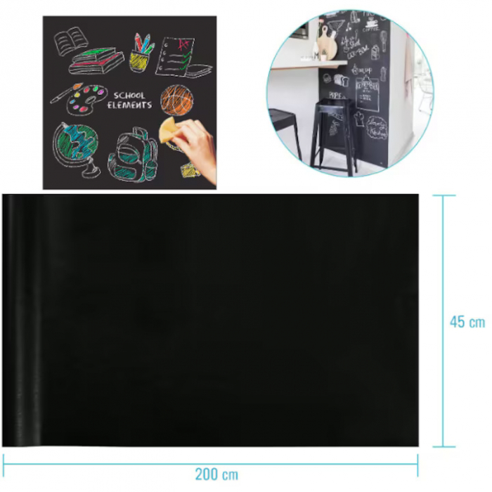 Tabla autoadeziva de scris si desenat cu creta VarioShop®, neagra, autocolanta, tip sticker, cu set de creta colorata inclus, reutilizabila, ajustabila 45x200 cm [15]