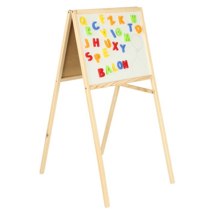 Tabla cu doua fete pentru copii VarioShop®, tabla magnetica si tabla cu creta, din lemn, cu litere magnetice, creion, marker si burete, educatie si joaca creativa acasa, 84 x 43 x 50 cm, Crem [4]