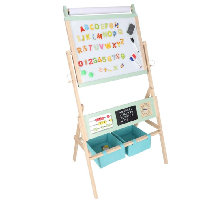 Tabla educationala multifunctionala 3 in 1 VarioShop®, din lemn, pentru copii, fata-verso magnetica cu rola de hartie, abac, ceas cu ace mobile si set complet de accesorii, 112x62x43 cm [5]