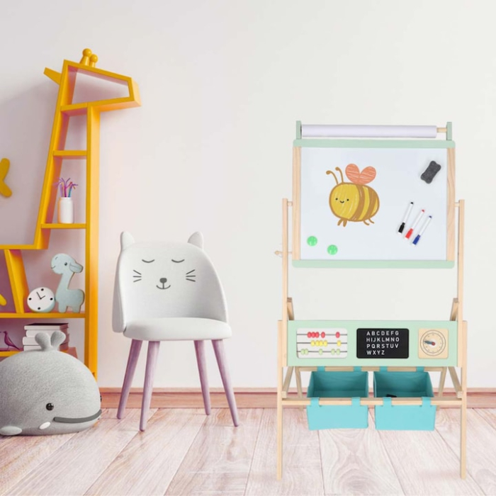 Tabla educationala multifunctionala 3 in 1 VarioShop®, din lemn, pentru copii, fata-verso magnetica cu rola de hartie, abac, ceas cu ace mobile si set complet de accesorii, 112x62x43 cm [2]