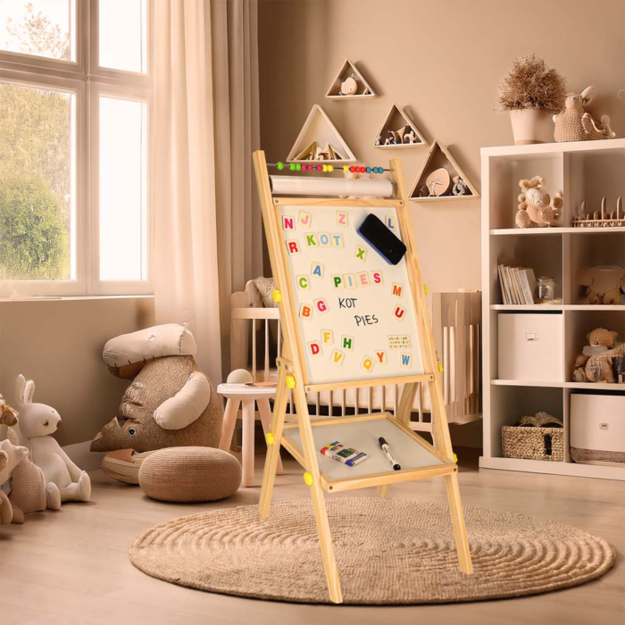 Tabla Educativa Magnetica 2in1 VarioShop®, Tabla Alba cu Marker si Tabla Neagra pentru Creta, Abac, Litere Magnetice, Suport Hartie, Raft Accesorii, Lemn Natural, 90cm [2]