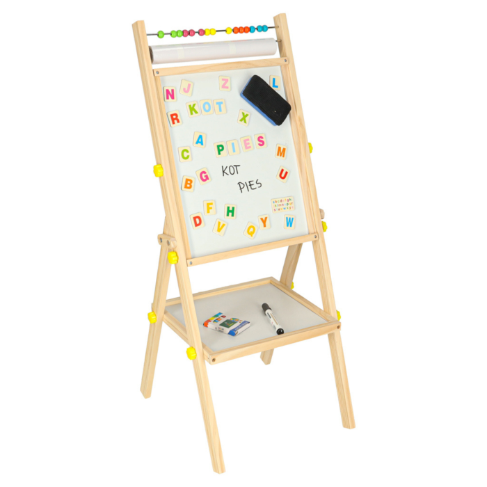 Tabla Educativa Magnetica 2in1 VarioShop®, Tabla Alba cu Marker si Tabla Neagra pentru Creta, Abac, Litere Magnetice, Suport Hartie, Raft Accesorii, Lemn Natural, 90cm [8]