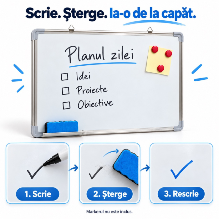 Tabla magnetica alba VarioShop®, pentru notite si prezentari, cu stergere uscata, rama din aluminiu, montaj vertical sau orizontal, 5 accesorii incluse, 3 magneti, burete si raft, 60 x 45 cm [6]