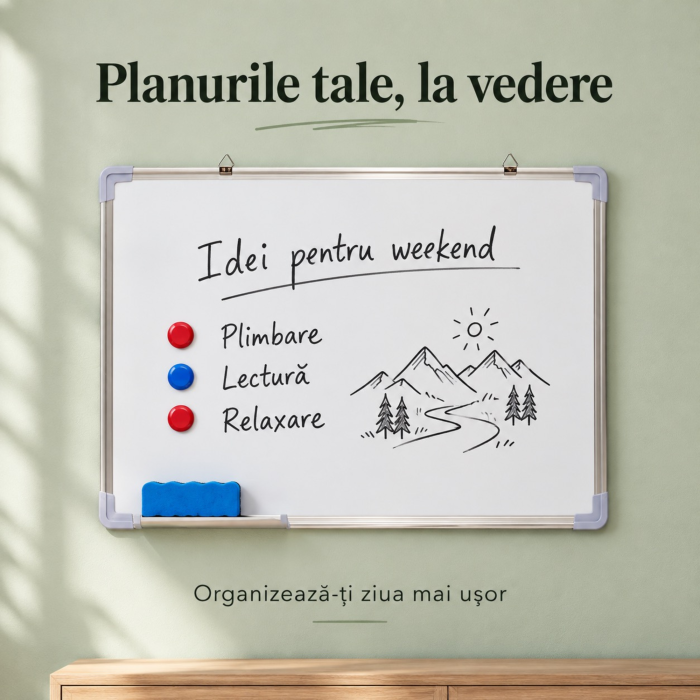 Tabla magnetica alba VarioShop®, pentru notite si prezentari, cu stergere uscata, rama din aluminiu, montaj vertical sau orizontal, 5 accesorii incluse, 3 magneti, burete si raft, 60 x 45 cm [7]
