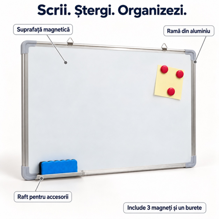 Tabla magnetica alba VarioShop®, pentru notite si prezentari, cu stergere uscata, rama din aluminiu, montaj vertical sau orizontal, 5 accesorii incluse, 3 magneti, burete si raft, 60 x 45 cm [8]