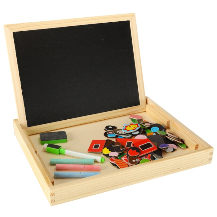 Tabla magnetica educationala din lemn pentru copii VarioShop®, fata-verso, puzzle-uri magnetice, marker, creta, joc creativ, scris si desenat, dimensiune 30 x 23 cm [3]
