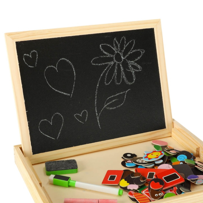 Tabla magnetica educationala din lemn pentru copii VarioShop®, fata-verso, puzzle-uri magnetice, marker, creta, joc creativ, scris si desenat, dimensiune 30 x 23 cm [4]