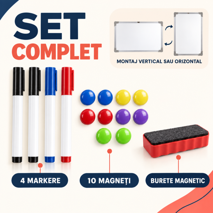 Tabla magnetica VarioShop®, whiteboard, markere colorate, magneti si burete, montare verticala sau orizontala, pentru birou, scoala, acasa, 90x60 cm [4]