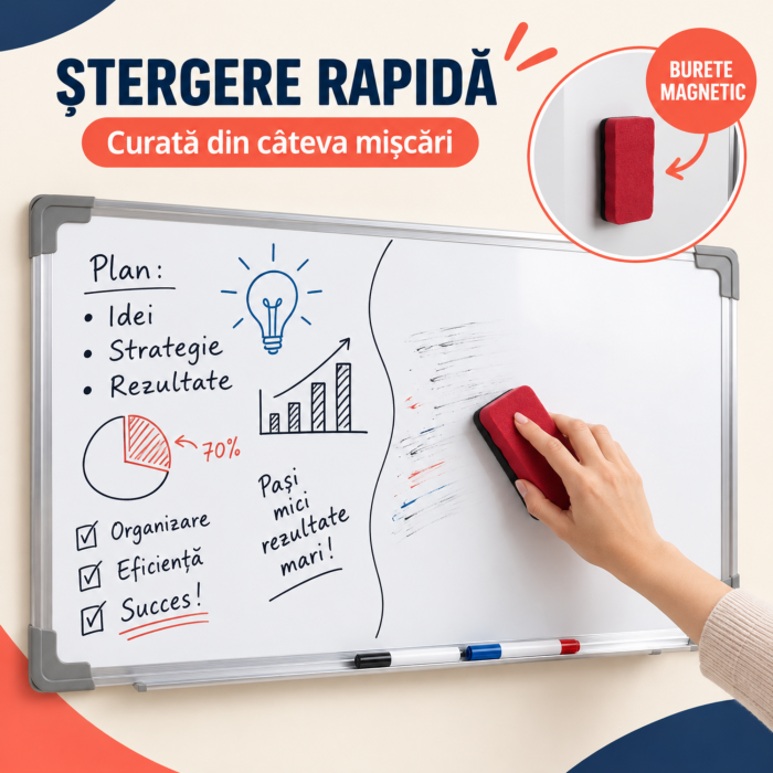 Tabla magnetica VarioShop®, whiteboard, markere colorate, magneti si burete, montare verticala sau orizontala, pentru birou, scoala, acasa, 90x60 cm [6]