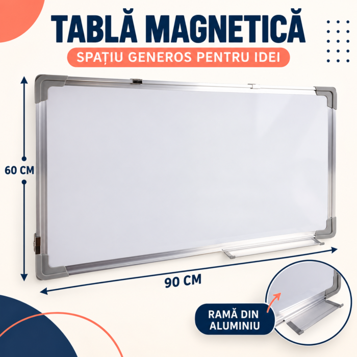 Tabla magnetica VarioShop®, whiteboard, markere colorate, magneti si burete, montare verticala sau orizontala, pentru birou, scoala, acasa, 90x60 cm [2]