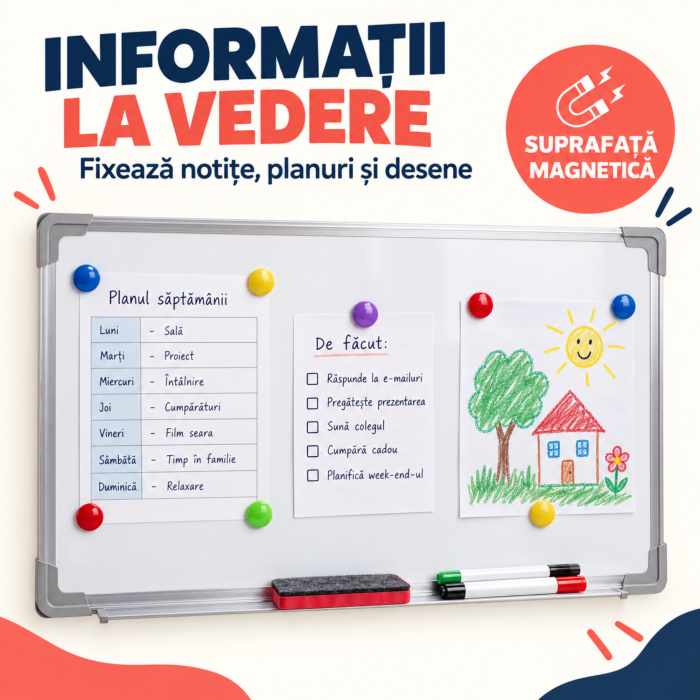 Tabla magnetica VarioShop®, whiteboard, markere colorate, magneti si burete, montare verticala sau orizontala, pentru birou, scoala, acasa, 90x60 cm [7]