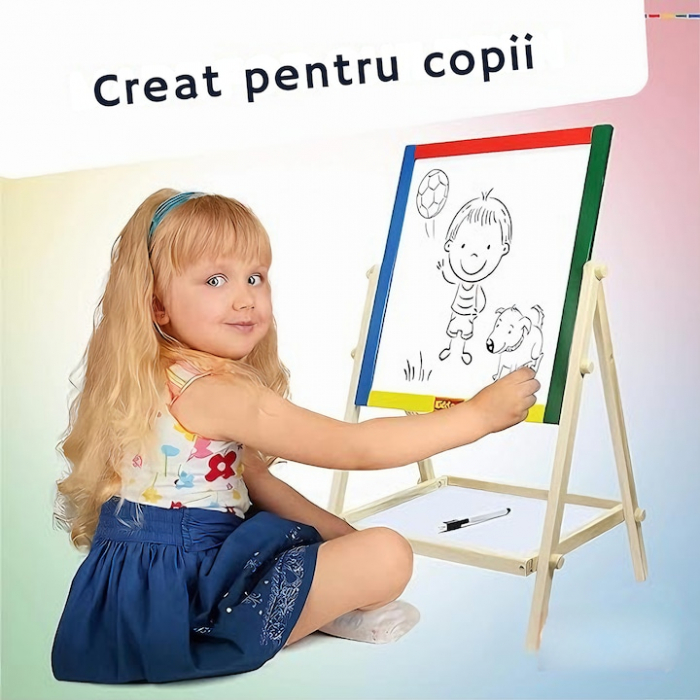 Tabla Rotativa 2 in 1 pentru Copii VarioShop®, Multifunctionala, Set Complet cu Marker, Burete si Crete Colorate, Cu Fata Magnetica si de Creta, Cadru din Lemn Ecologic, Potrivita pentru Desen, Scris, [15]