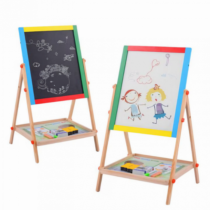 Tabla Rotativa 2 in 1 pentru Copii VarioShop®, Multifunctionala, Set Complet cu Marker, Burete si Crete Colorate, Cu Fata Magnetica si de Creta, Cadru din Lemn Ecologic, Potrivita pentru Desen, Scris, [2]