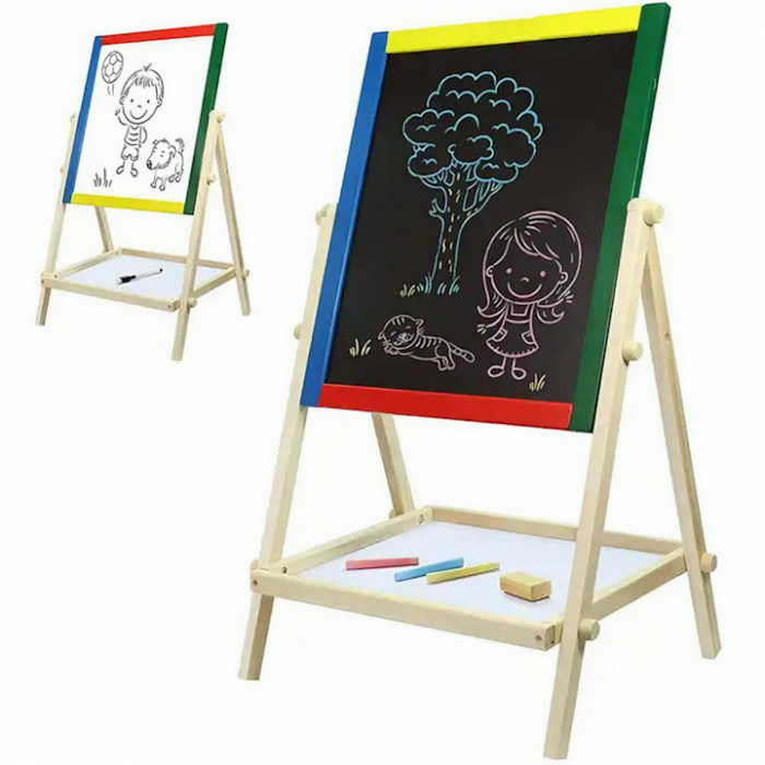 Tabla Rotativa 2 in 1 pentru Copii VarioShop®, Multifunctionala, Set Complet cu Marker, Burete si Crete Colorate, Cu Fata Magnetica si de Creta, Cadru din Lemn Ecologic, Potrivita pentru Desen, Scris, [3]