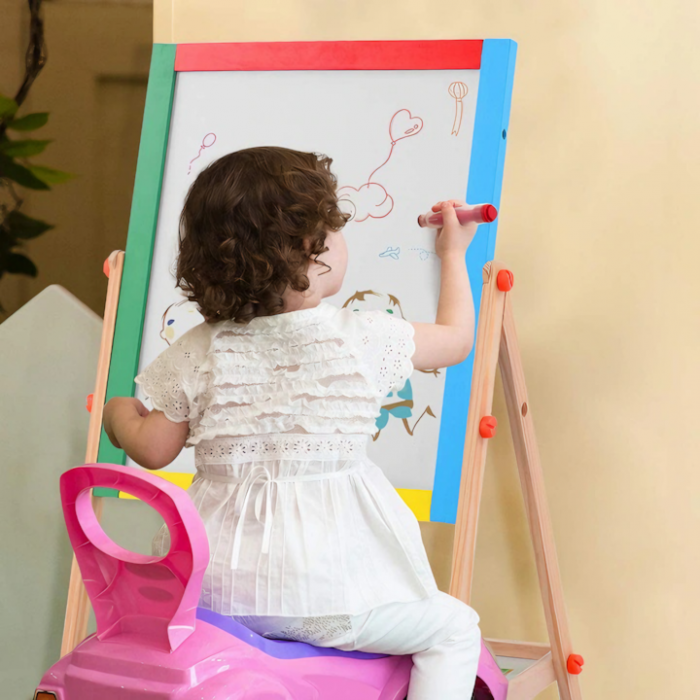 Tabla Rotativa 2 in 1 pentru Copii VarioShop®, Multifunctionala, Set Complet cu Marker, Burete si Crete Colorate, Cu Fata Magnetica si de Creta, Cadru din Lemn Ecologic, Potrivita pentru Desen, Scris, [12]