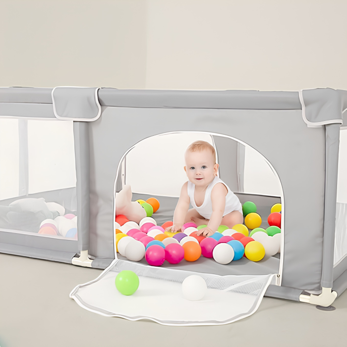 Tarc de joaca pliabil VarioShop®, pentru bebelusi 6 luni+, cu plasa de supraveghere si intrare laterala, 125 x 125 x 64 cm, gri/alb [6]