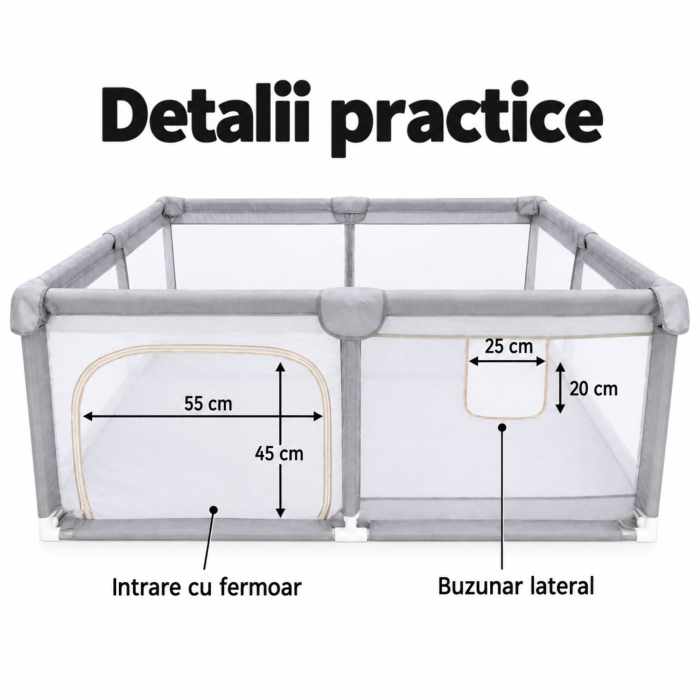 Tarc de joaca pliabil VarioShop®, pentru bebelusi 6 luni+, cu plasa respirabila pentru supravegherea copilului, 150 x 200 x 61 cm, gri [7]
