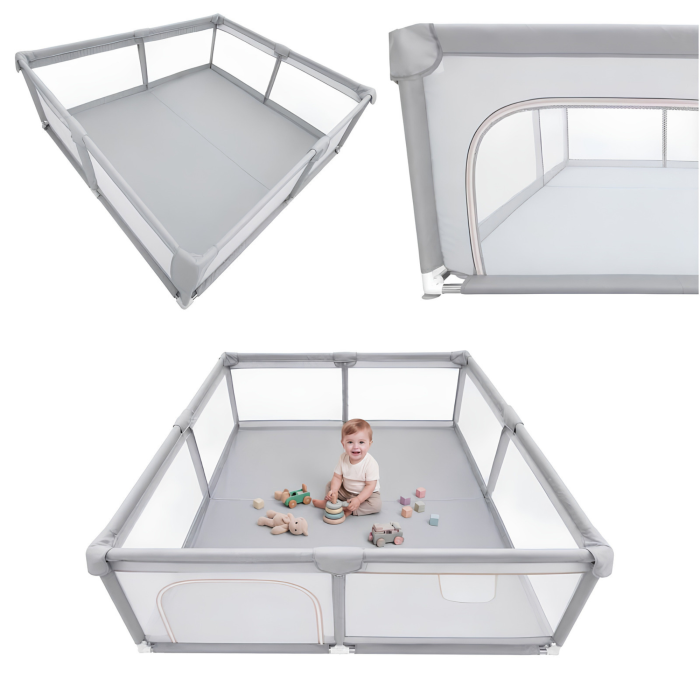 Tarc de joaca pliabil VarioShop®, pentru bebelusi 6 luni+, cu plasa respirabila pentru supravegherea copilului, 150 x 200 x 61 cm, gri [3]
