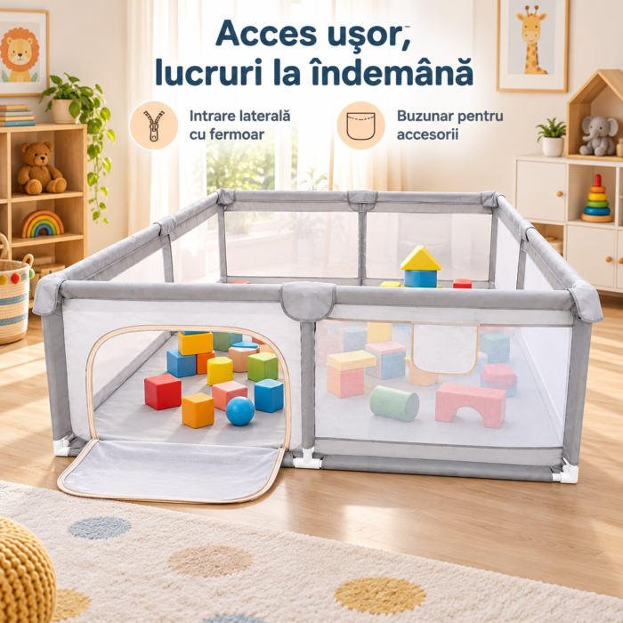 Tarc de joaca pliabil VarioShop®, pentru bebelusi 6 luni+, cu plasa respirabila pentru supravegherea copilului, 150 x 200 x 61 cm, gri [6]