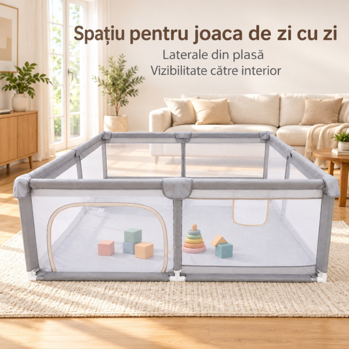 Tarc de joaca pliabil VarioShop®, pentru bebelusi 6 luni+, cu plasa respirabila pentru supravegherea copilului, 150 x 200 x 61 cm, gri [8]