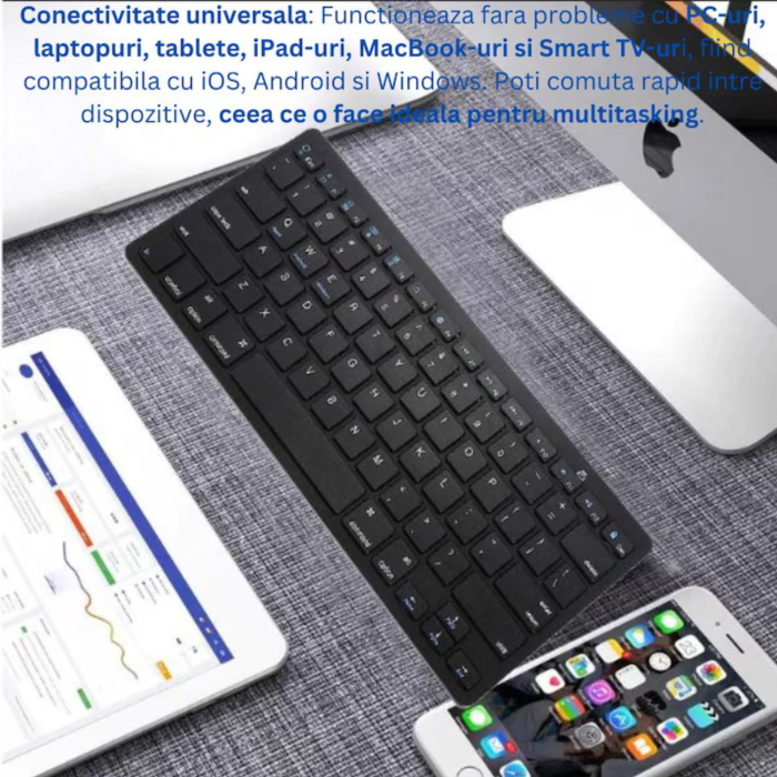 Tastatura wireless Bluetooth universala VarioShop®, compatibila cu PC, iPad, Mac, Android, iOS, profil jos, 78 taste, design subtire si portabil, antiderapanta, ideala pentru birou si calatorii, Negru [3]