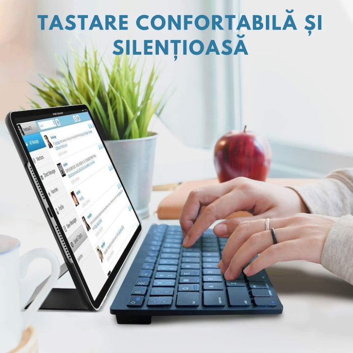 Tastatura wireless Bluetooth universala VarioShop®, compatibila cu PC, iPad, Mac, Android, iOS, profil jos, 78 taste, design subtire si portabil, antiderapanta, ideala pentru birou si calatorii, Alb [2]