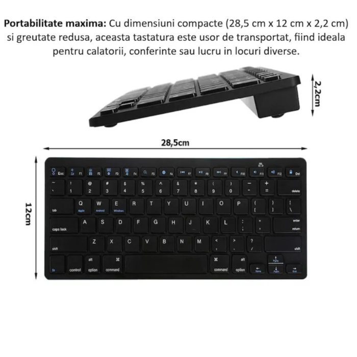 Tastatura wireless Bluetooth universala VarioShop®, compatibila cu PC, iPad, Mac, Android, iOS, profil jos, 78 taste, design subtire si portabil, antiderapanta, ideala pentru birou si calatorii, Negru [4]