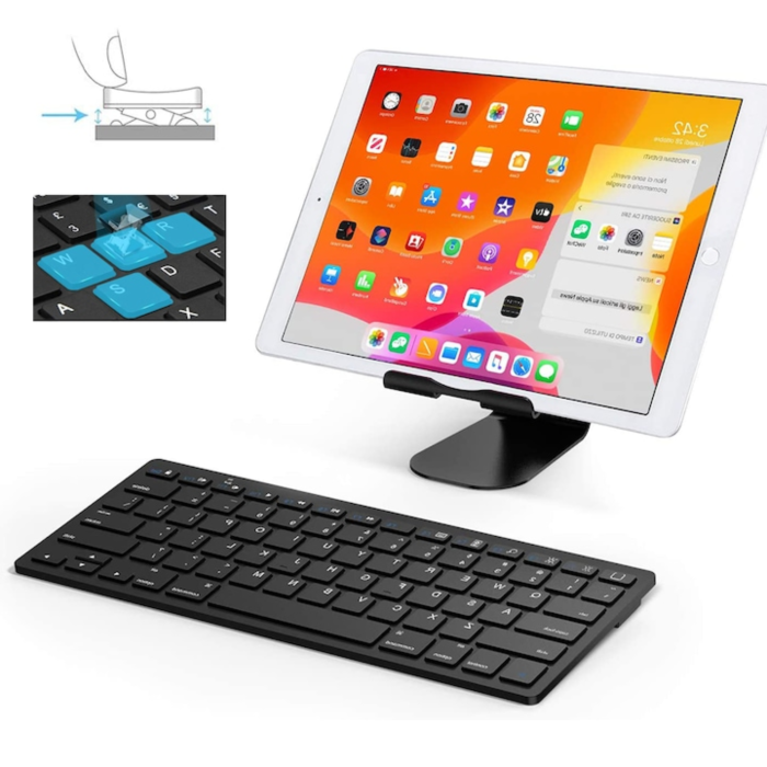 Tastatura wireless Bluetooth universala VarioShop®, compatibila cu PC, iPad, Mac, Android, iOS, profil jos, 78 taste, design subtire si portabil, antiderapanta, ideala pentru birou si calatorii, Negru [5]