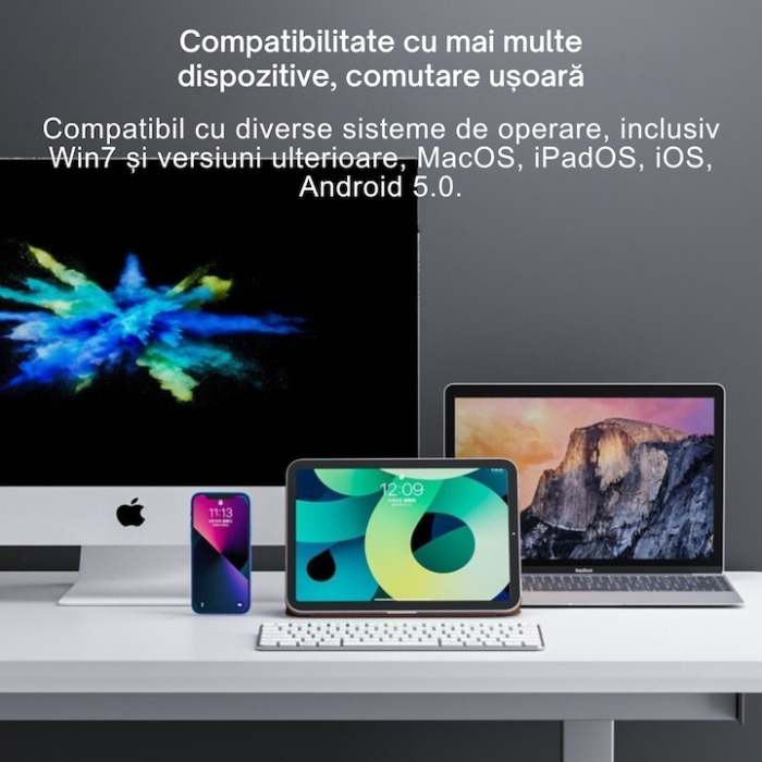 Tastatura wireless Bluetooth universala VarioShop®, compatibila cu PC, iPad, Mac, Android, iOS, profil jos, 78 taste, design subtire si portabil, antiderapanta, ideala pentru birou si calatorii, Alb [3]