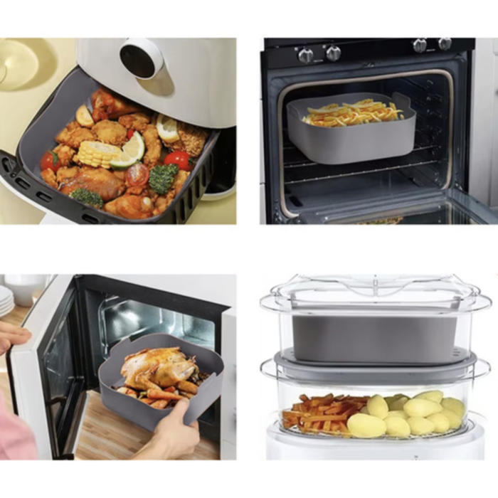 Tava de protectie din silicon pentru Air Fryer VarioShop®, pentru friteuza, prajit, copt, cos reutilizabil 20 x 20 cm, ideal pentru gatit sanatos si curatare usoara, Gri [9]