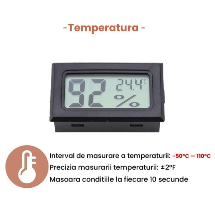 Termometru si higrometru digital VarioShop®, umiditate si temperatura, - 50-70°C, 10%-99% RH, baterii incluse, Negru [3]