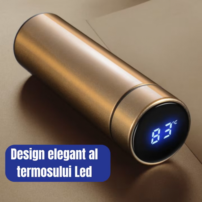 Termos smart cu afisaj LED VarioShop®, Afisarea Temperaturii, Pastreaza Bautura Fierbinte sau Rece timp de 12 ore, Otel Inoxidabil, Capacitate 500 ml, Dimensiune 21.5 x 6.7 cm, Auriu [14]