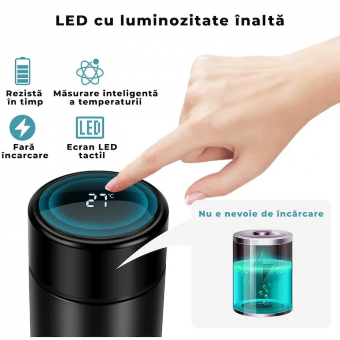 Termos smart cu afisaj LED VarioShop®, Afisarea Temperaturii, Pastreaza Bautura Fierbinte sau Rece timp de 12 ore, Otel Inoxidabil, Capacitate 500 ml, Dimensiune 21.5 x 6.7 cm, Negru [4]