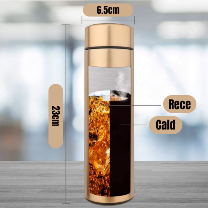 Termos smart cu afisaj LED VarioShop®, Afisarea Temperaturii, Pastreaza Bautura Fierbinte sau Rece timp de 12 ore, Otel Inoxidabil, Capacitate 500 ml, Dimensiune 21.5 x 6.7 cm, Auriu [13]