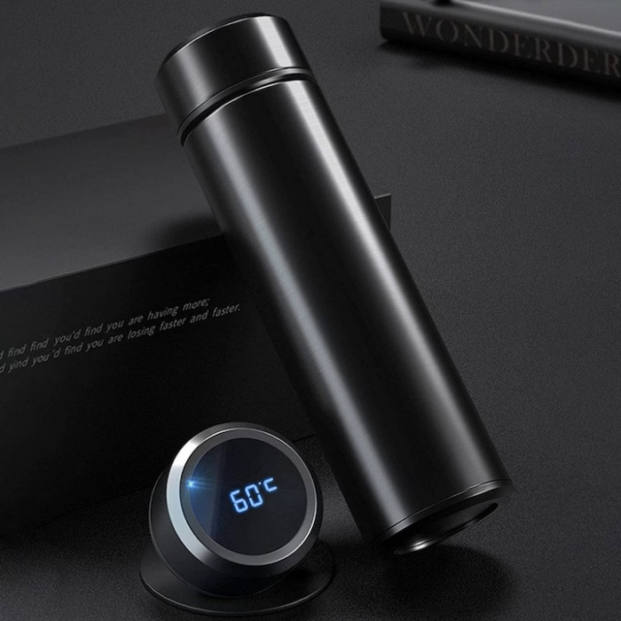 Termos smart cu afisaj LED VarioShop®, Afisarea Temperaturii, Pastreaza Bautura Fierbinte sau Rece timp de 12 ore, Otel Inoxidabil, Capacitate 500 ml, Dimensiune 21.5 x 6.7 cm, Negru [16]