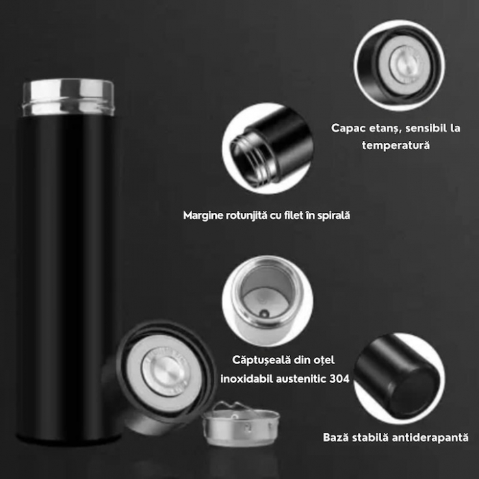 Termos smart cu afisaj LED VarioShop®, Afisarea Temperaturii, Pastreaza Bautura Fierbinte sau Rece timp de 12 ore, Otel Inoxidabil, Capacitate 500 ml, Dimensiune 21.5 x 6.7 cm, Negru [7]
