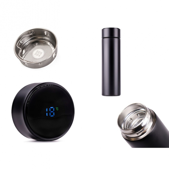 Termos smart cu afisaj LED VarioShop®, Afisarea Temperaturii, Pastreaza Bautura Fierbinte sau Rece timp de 12 ore, Otel Inoxidabil, Capacitate 500 ml, Dimensiune 21.5 x 6.7 cm, Negru [28]