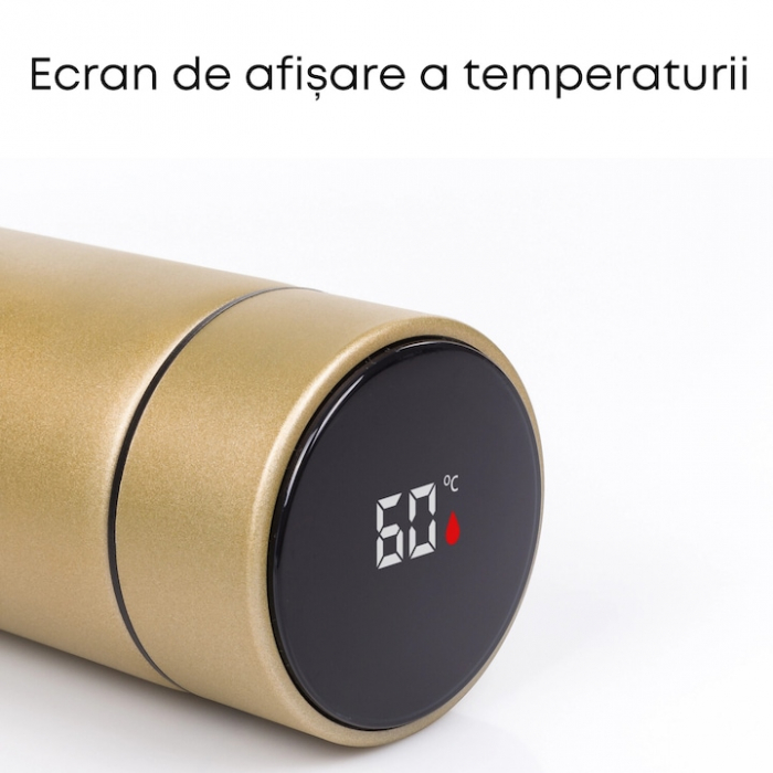 Termos smart cu afisaj LED VarioShop®, Afisarea Temperaturii, Pastreaza Bautura Fierbinte sau Rece timp de 12 ore, Otel Inoxidabil, Capacitate 500 ml, Dimensiune 21.5 x 6.7 cm, Auriu [4]