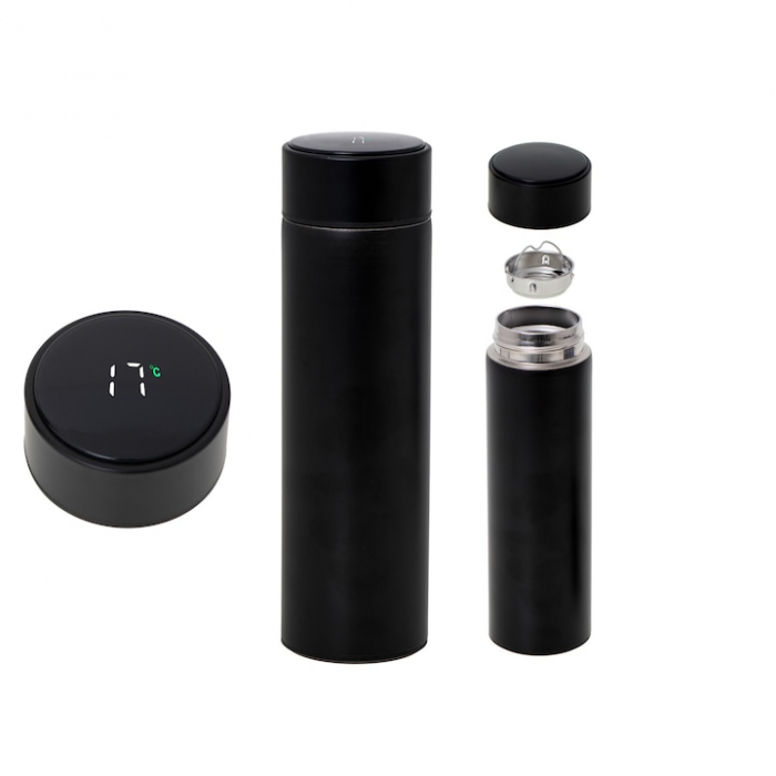 Termos smart cu afisaj LED VarioShop®, Afisarea Temperaturii, Pastreaza Bautura Fierbinte sau Rece timp de 12 ore, Otel Inoxidabil, Capacitate 500 ml, Dimensiune 21.5 x 6.7 cm, Negru [23]