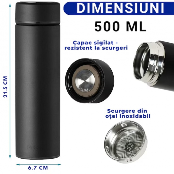 Termos smart cu afisaj LED VarioShop®, Afisarea Temperaturii, Pastreaza Bautura Fierbinte sau Rece timp de 12 ore, Otel Inoxidabil, Capacitate 500 ml, Dimensiune 21.5 x 6.7 cm, Negru [30]