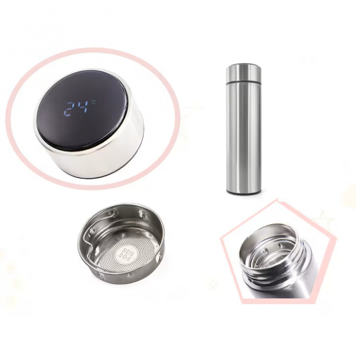 Termos smart cu afisaj LED VarioShop®, Afisarea Temperaturii, Pastreaza Bautura Fierbinte sau Rece timp de 12 ore, Otel Inoxidabil, Capacitate 500 ml, Dimensiune 21.5 x 6.7 cm, Argintiu [18]
