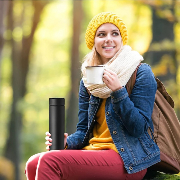 Termos smart cu afisaj LED VarioShop®, Afisarea Temperaturii, Pastreaza Bautura Fierbinte sau Rece timp de 12 ore, Otel Inoxidabil, Capacitate 500 ml, Dimensiune 21.5 x 6.7 cm, Negru [22]