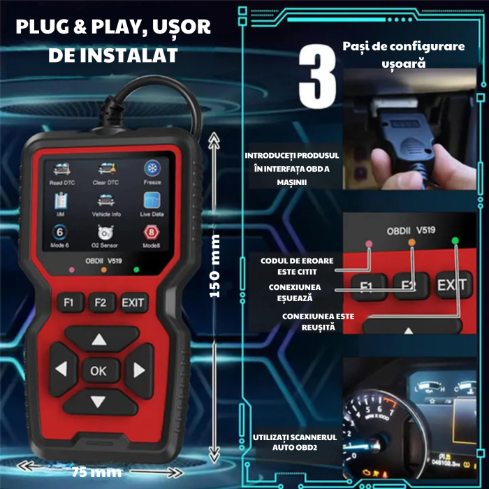Tester diagnoza auto VarioShop®, OBD2 V519, scanner auto universal, citire si stergere erori motor, ecran LCD, compatibil multi-protocol, 10 limbi [3]