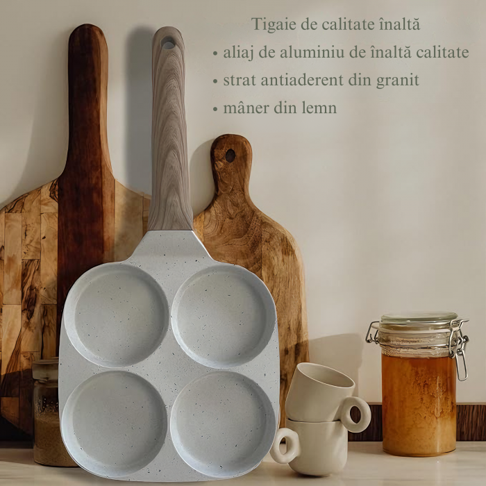 Tigaie Multifunctionala VarioShop®, pentru 4 oua, mini pizza, pancake, sandwich, tigaie cu invelis antiaderent si maner din lemn, bej [3]