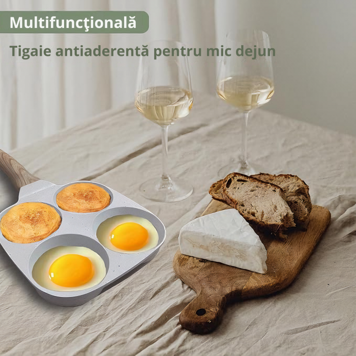 Tigaie Multifunctionala VarioShop®, pentru 4 oua, mini pizza, pancake, sandwich, tigaie cu invelis antiaderent si maner din lemn, bej [2]
